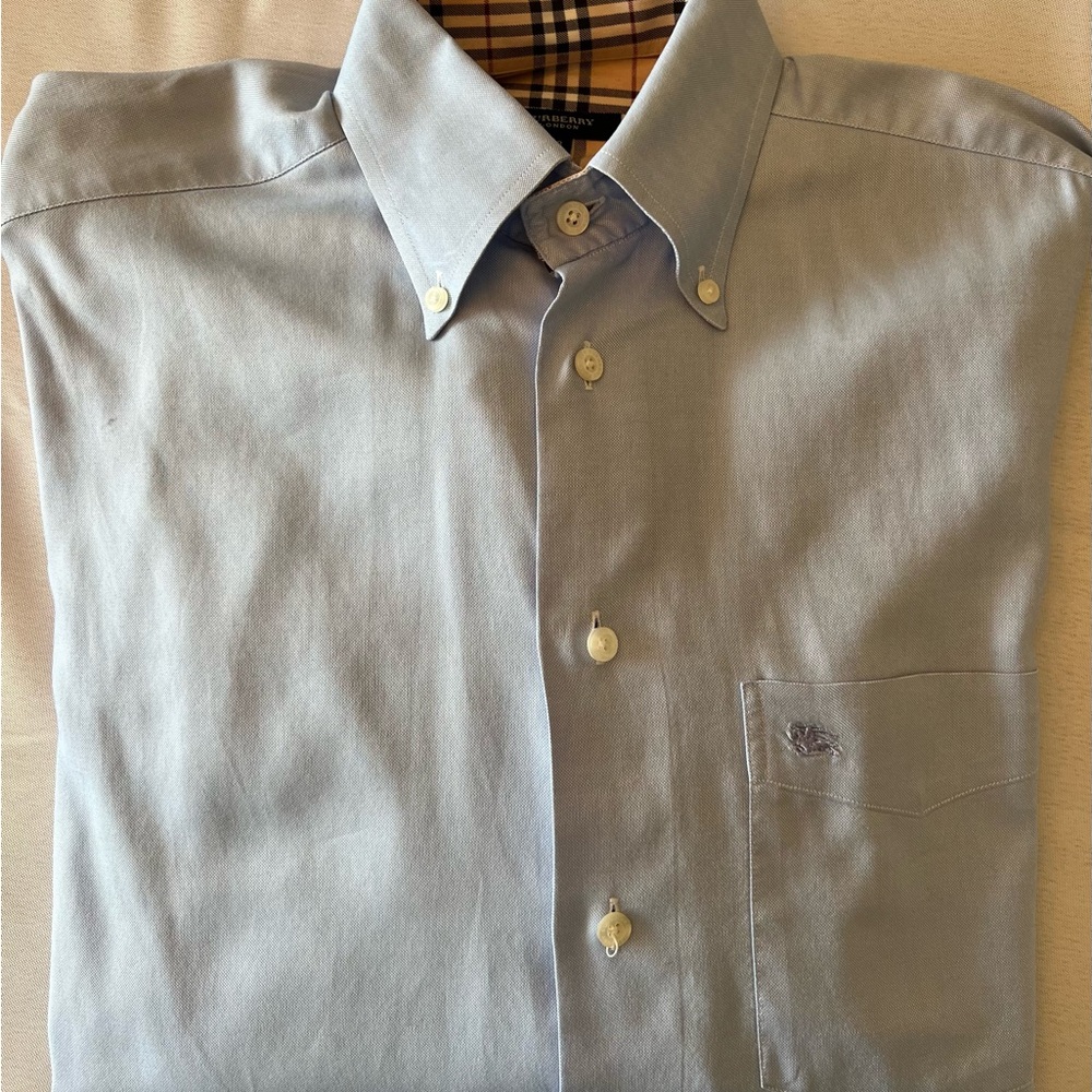 Burberry Light Blue Button-Down Dress Shirt with Contrast Check Collar